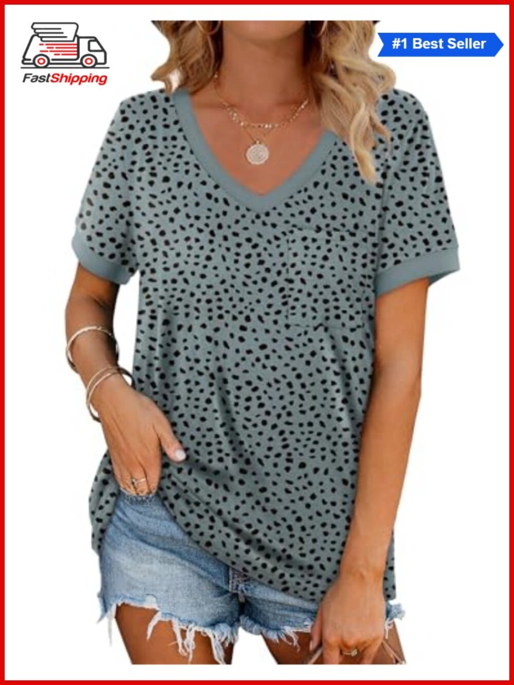 ✨Geifa Womens V Neck Short Sleeve Pocket Loose Casual Summer Tunic T-Shirt Tee